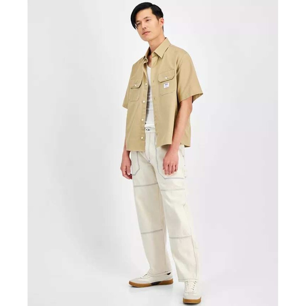 Hugo Boss Mens Tan Khaki Workwear Short Sleeve Button Up Shirt XXL Logo Patch